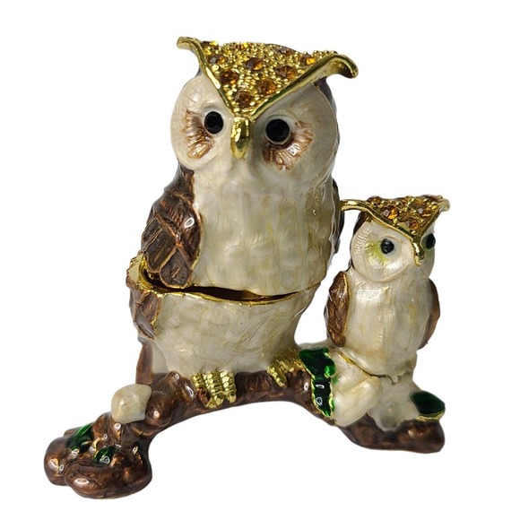 Pier 1 Owl with Baby Figurine Cloisonné Rhinestone Trinket Box Jewelry Holder - Picture 2 of 14